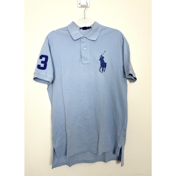 Polo Ralph Lauren Polo Shirt Mens Medium Light Blue Big Pony 3 Patch Embroidered - Picture 1 of 8